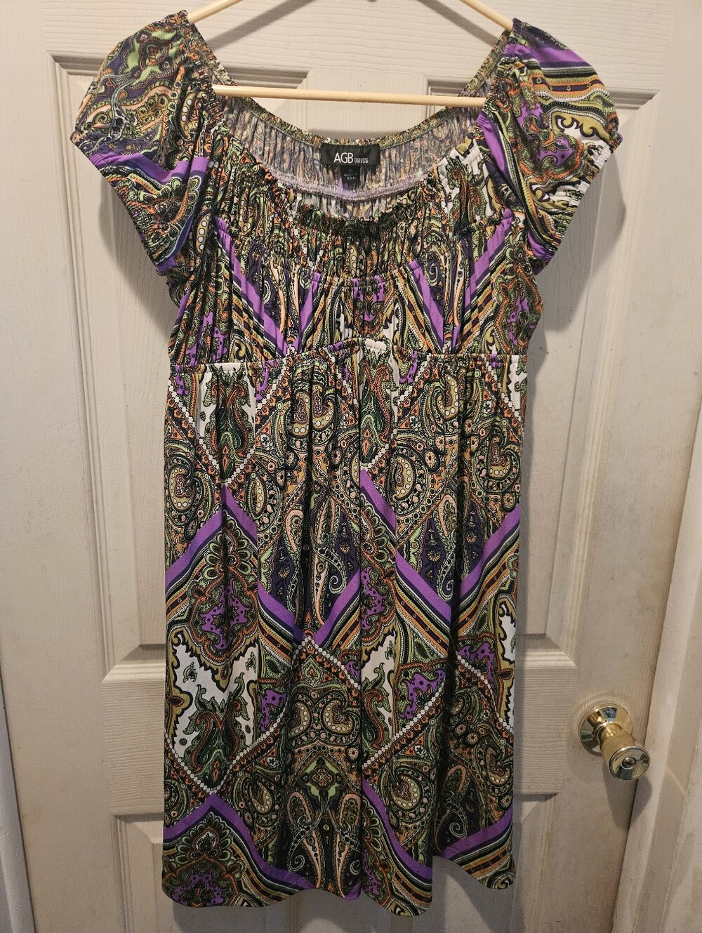 AGB Peasant Style Dress Short Sleeve Paisley Print Green and Purple Size 14